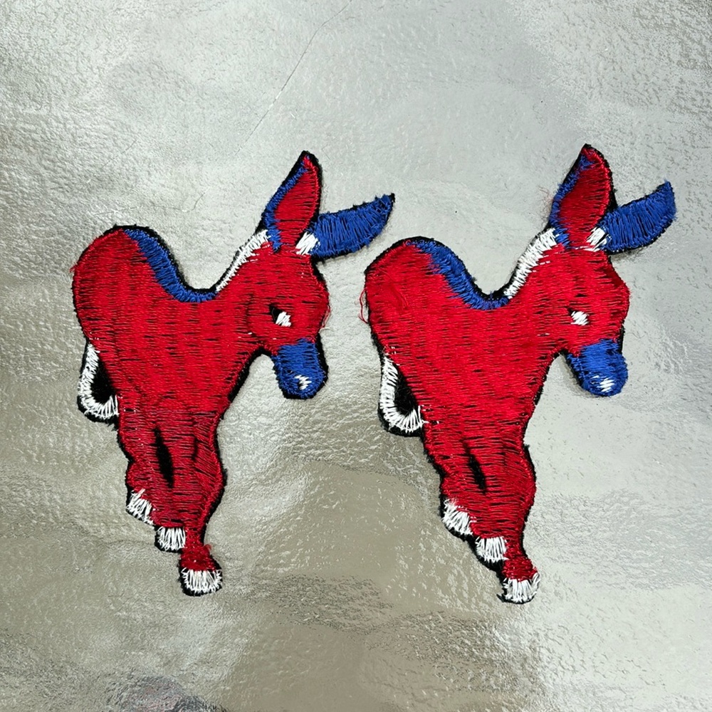Set of 2 Vintage Democrat Donkey Red, White & Blue Embroidered Patch New